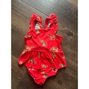 Bums & Roses Girls Red Tiger Print Ruffle One Piece Swimsuit Size 5/6Y